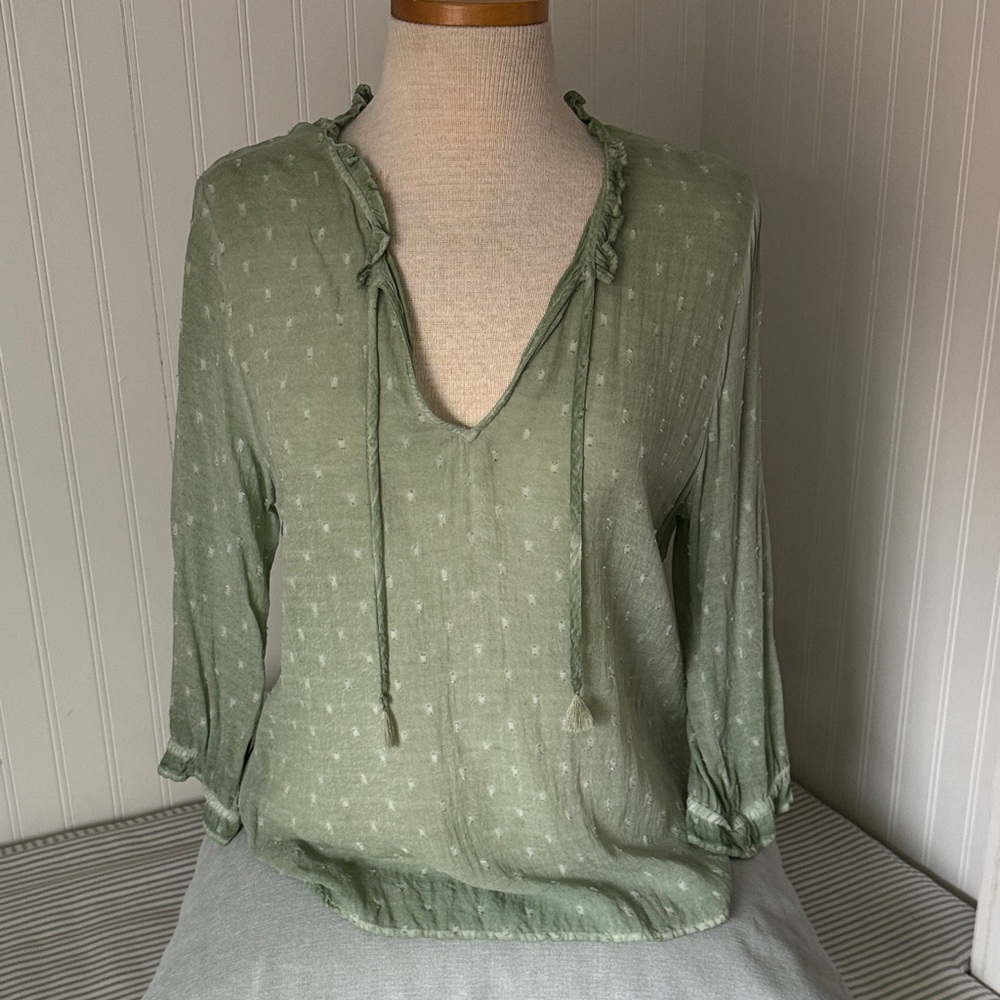 Light Olive Green Tie-Neck Peasant Blouse